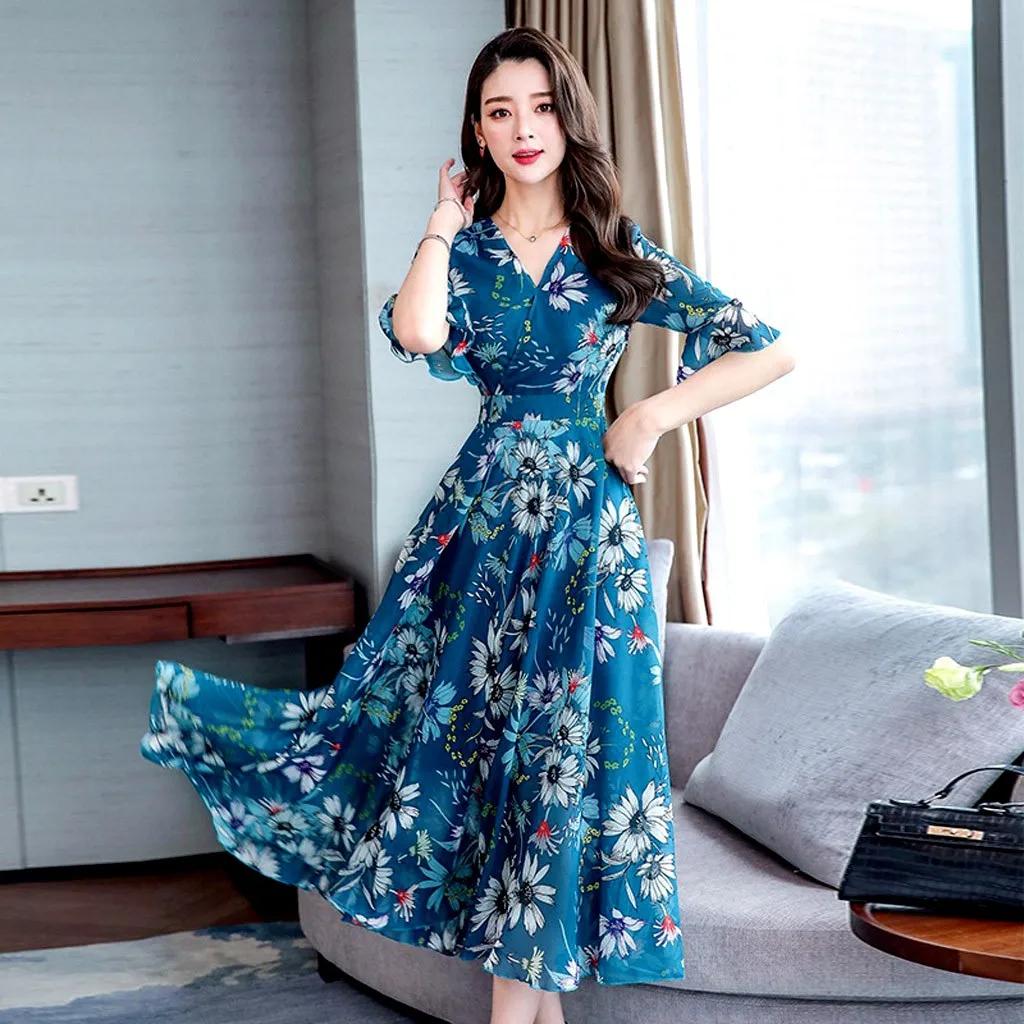 New 2020 V-neck Floral Print Party Dress – ExParis