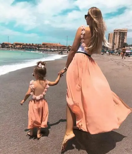 

Mother &Daughter Family Matching Sets Holiday Summer Sleeveless Ruffles Backless T-shirt Skirt Tulle Outfits Set