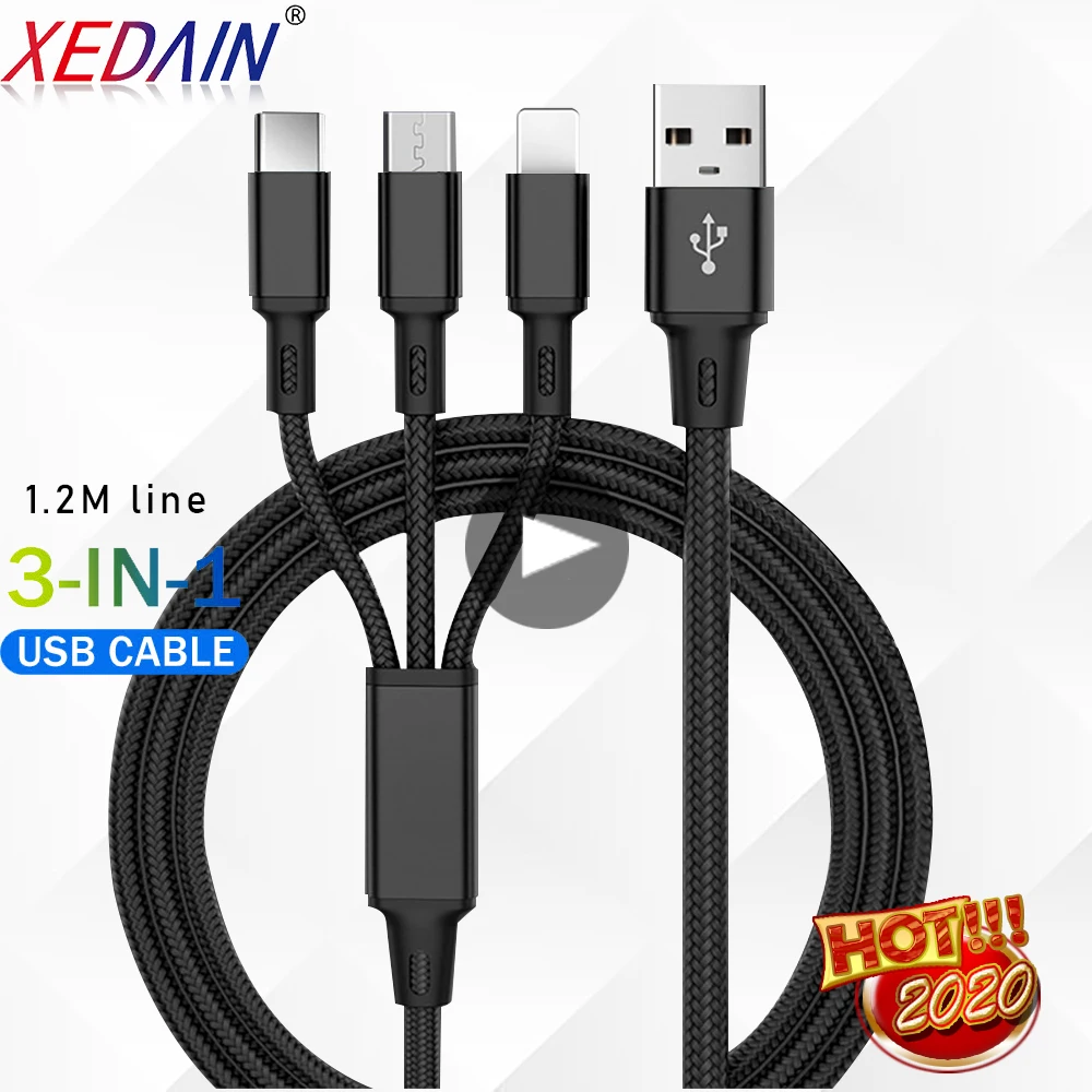 XEDIAN 3 в 1 Micro Type C USB кабель для iPhone XS Max XR X 8 7 6 зарядный ios Android Samsung Xiaomi провод