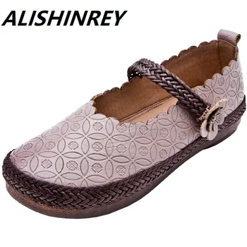 

ALISHINREY 2019 Autumn New Vintage Handmade Shoes Loafers Genuine Leather Flats Women Shoes Casual shoes Fashion Women Shoes