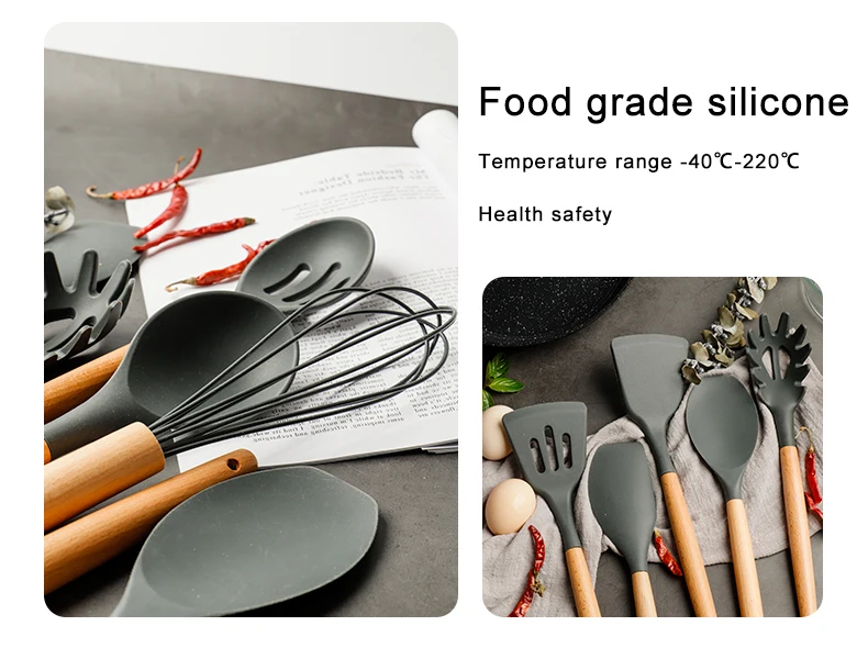 Силиконовая кухонная утварь, кухонная утварь, бамбуковые деревянные ручки, инструмент для приготовления пищи, щипцы, лопатка, ложка для антипригарной посуды