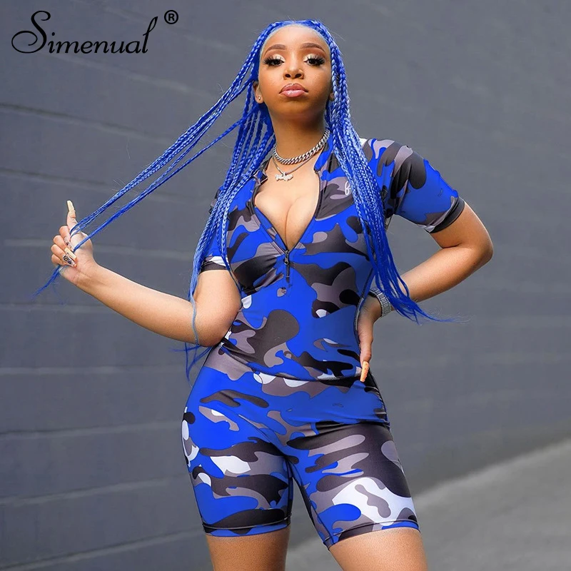 

Simenual Camouflage Workout Active Wear Rompers Short Sleeve Sporty Biker Shorts Playsuits 2020 Summer Fashion Casual Playsuit