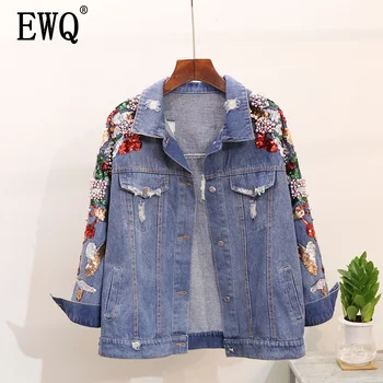 

[EWQ] Spring Autumn 2020 New Pattern Spring Lapel Collar Denim Jacket Patchowrk Beaded Sequins High Street Coat Women AD41105