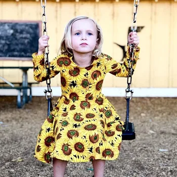 

Toddler Girl Dresses Kids Girls Sunflower Print Long Sleeve Dress Spring Summer Children Casual Dresses 1-5y Kid Clothes #LR4