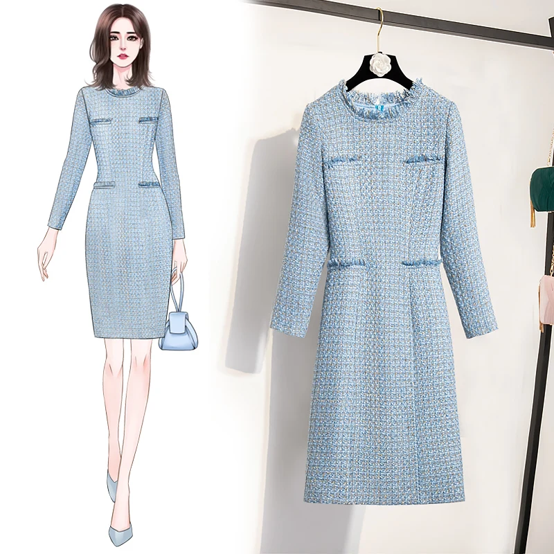 

New Elegant Spring Autumn Winter Women Dress Suit Tweed Business Wear Formal Work Office Lady Clothing Vintage Pencil Dress