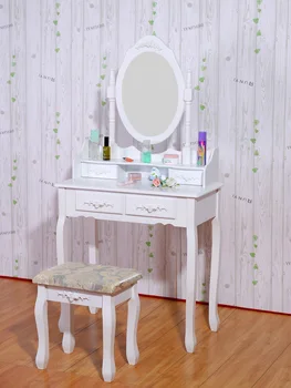 

Bedroom Ladies Makeup Dressers Dressing Table Vanity Desk Stool Rose Relief 360-Degree Rotation Mirror 4 Drawers with Chair Set