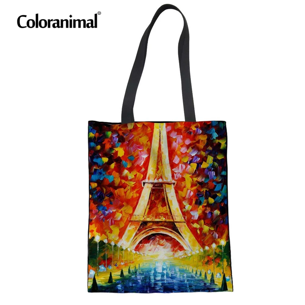 Цветные женские сумки через плечо, картина маслом, Эйфелева башня, Пользовательский логотип, женская сумка, многоразовые складные холщовые сумки для покупок
