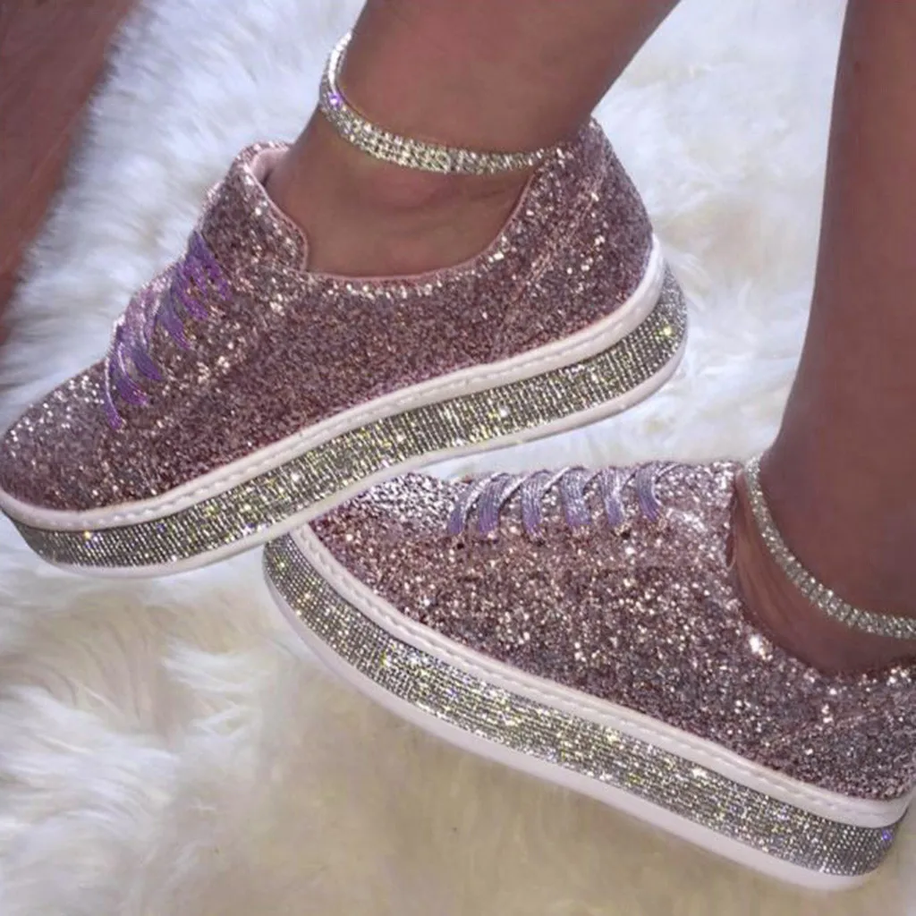 

Shinny Womens Outdoor Flats Round Toe Non-slip Sport Casual Shoe Female Single Sequins Shoes Slip-on Flats Thick Bottoms Sole