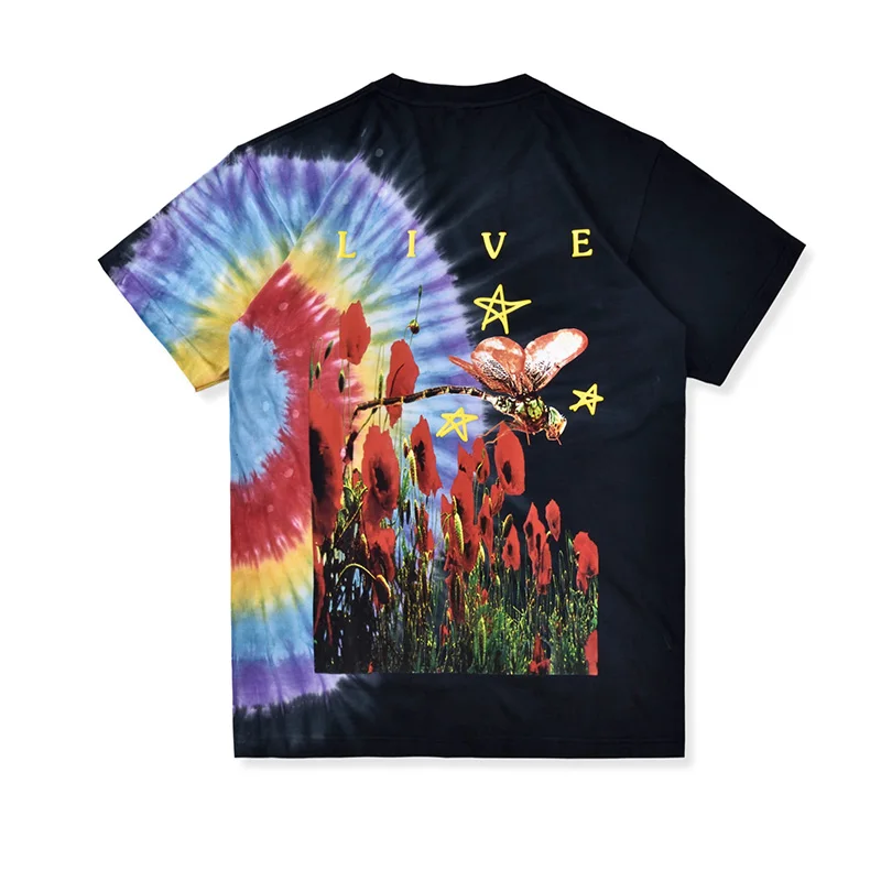 Трэвиса Скотта мерча Европа TourTie Dye Tee Мужская футболка с принтом радуги короткий рукав Футболка Уличная пуловер Футболка с вырезом лодочкой свободная футболка