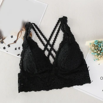 

Elastic Removable Pad Deep V Soft Solid Lightweight Spaghetti Strap Cross Bandage Triangle Cup Women Bra Push Up Lingerie Lace