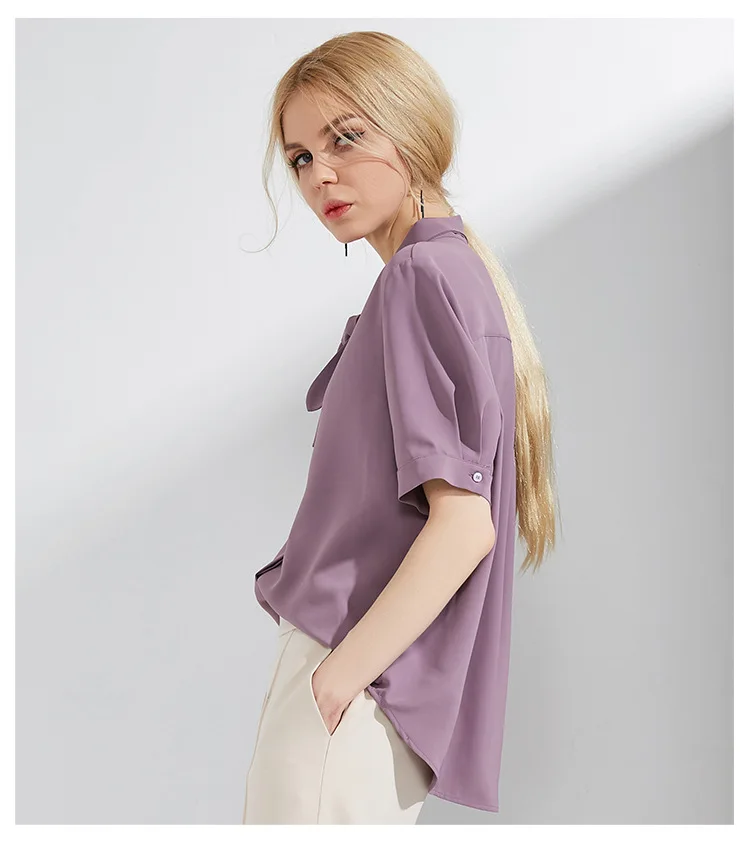 Chiffon Blouse Ladies Bow Collar Short Sleeve Summer New Leisure Blusas Mujer De Moda White Blue and Violet Color