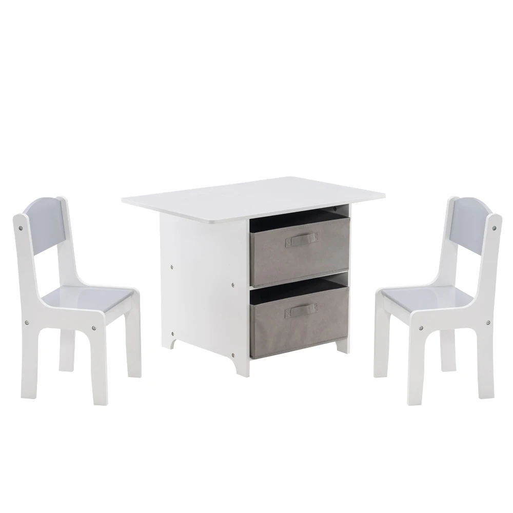 

[71 x 48 x 49.5]cm MDF Children's Table and Chair Set of 3 with Drawers, 1 Table and 2 Chairs White US in Stock dropshipping