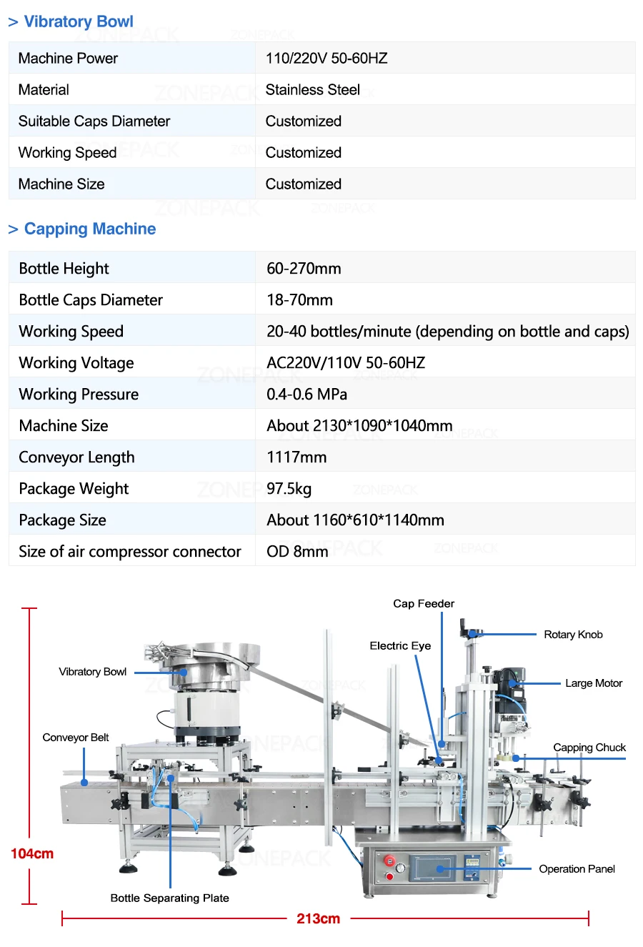 ZONEPACK ZS-XG1870V Automatic Custom Tabletop Beverage Plastic Bottle Cosmetic Jar Cap Feeding And Capping Machine Vibratory Feeder