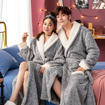 

Lovers Warm Sleepwear Bath Gown Elegant Ankle-length Kimono Robe Casual Soft Homewear Solid Flannel Nightdress Home Clothing