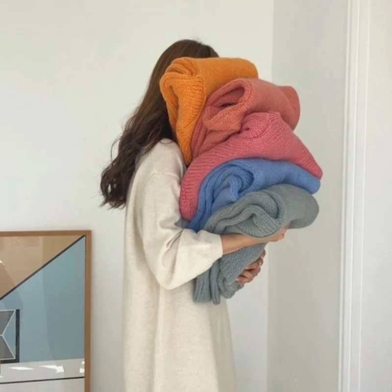 

7 colors Korean style solid color Knitted Sweaters Women Casual Loose Long Sleeve Sweater Female Oversize Jumpers (X7049
