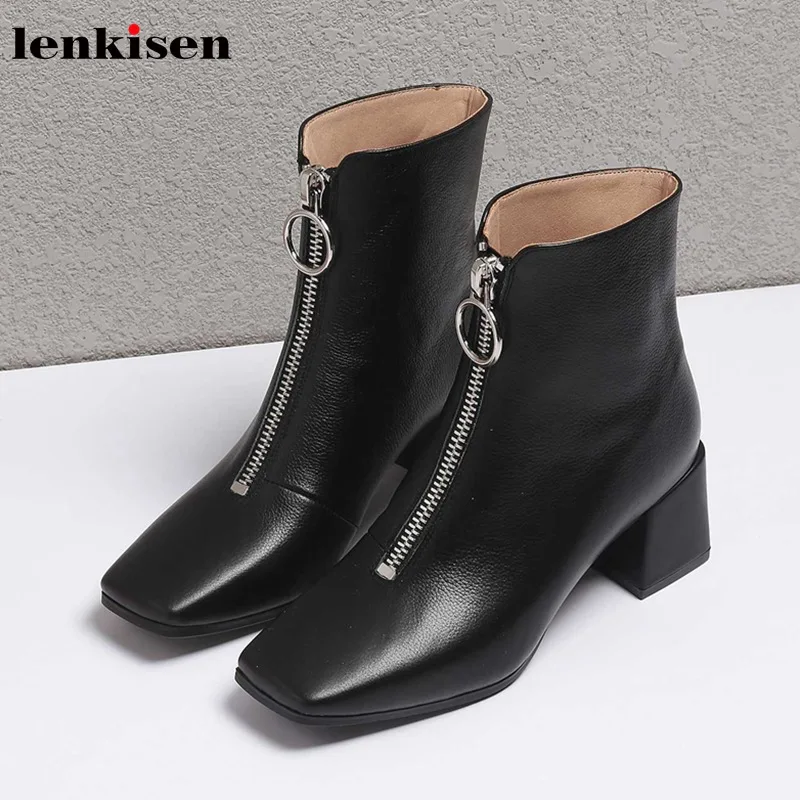 

Lenkisen genuine leather high heels square toe fashion solid concise style metal zipper winter keep warm women ankle boots L03
