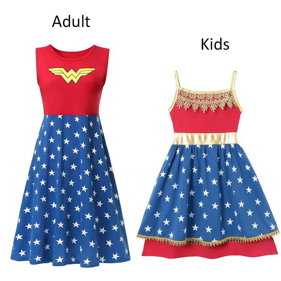 Wonder Woman Нарядное платье принцессы для маленьких девочек с изображением Минни и Анны Эльза, Белль, Русалочка, Рапунцель, Малефисента, одежда для взрослых и детей - Цвет: Wonder Woman