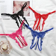 1PC Women Panties Sexy Ladies Underwear Briefs Pearl Massage G-string Lace Embroidered Open Crotch Thong Crotchless Exotic