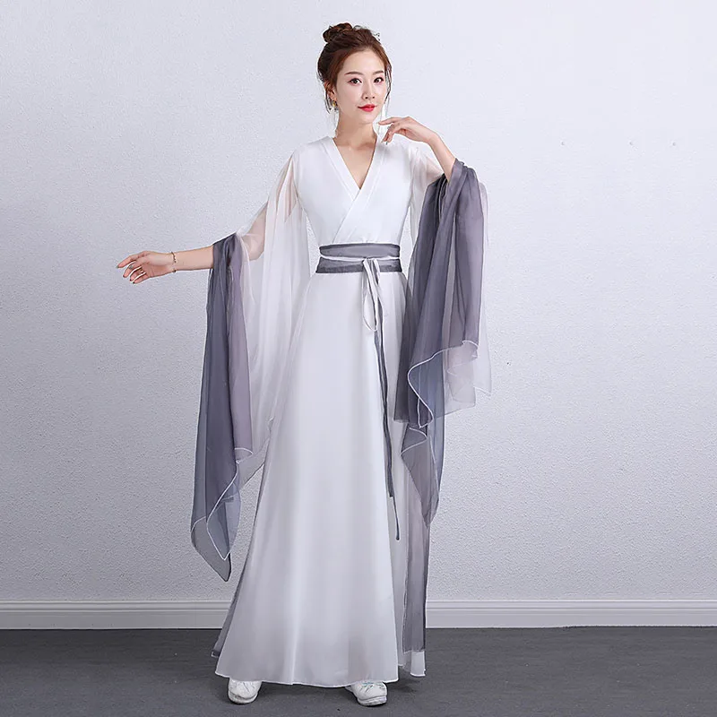

Chinese Traditional White-Gray Hanfu Dress Elegant Women Kid Dance Stage Performance Suit Cosplay Ancient Fairy Princess Costume