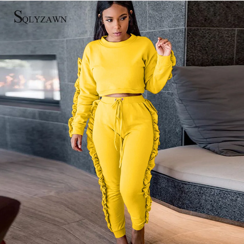 

Two Piece Set 2019 Autum Women Long Sleeve Hoodies High Waist Pants 2pcs Ruffles Outfits Ladies Sportswear Matching Clothes Sets