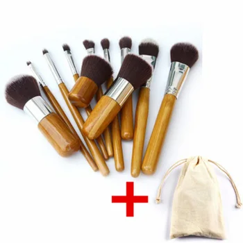 

NEW 11pcs Bamboo Handle Makeup Brush with Soft Synthetic Fiber Bristle Linen Bag