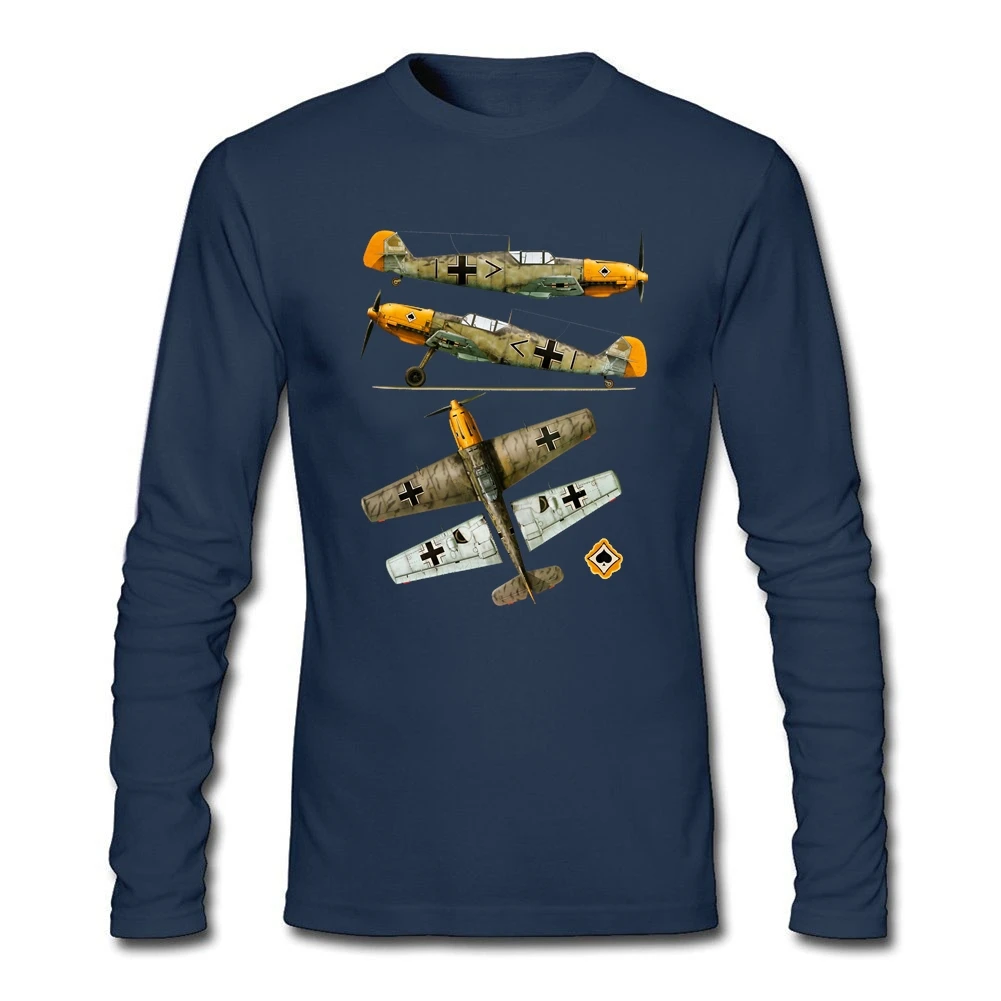 Homme Футболки для мужчин самолет BF 109E4 самолет пилот с длинным рукавом Круглый вырез хлопок мужская футболка Азиатский размер - Цвет: Navy