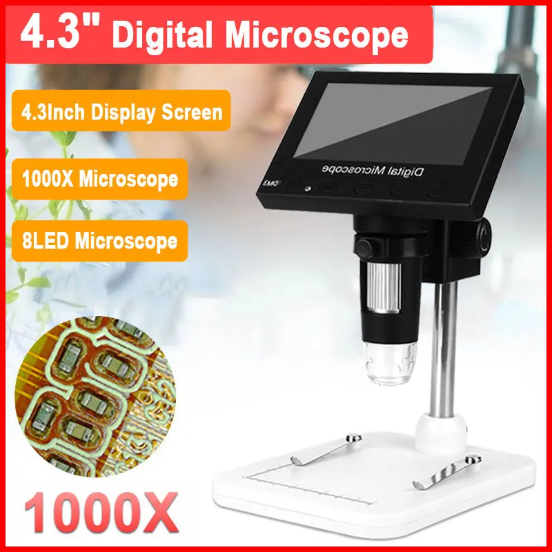 

Black Screen Microscope Digital Microscope Electron Microscope 4.3 Inch Display 8LED Photos Monitoring Computers