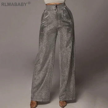 

RLMABABY Sparkly High Waist Pants Spirng Button Plaid Wide Leg Pants Fashion Steetwear Trousers Women Loose Casual Ladies Pants