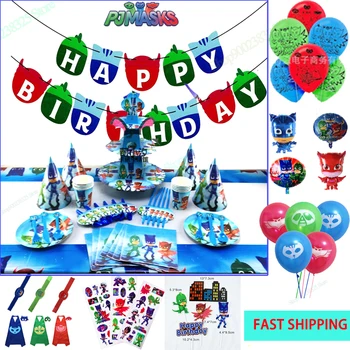 

Cartoon Pj Mask Birthday Party Decorations Kids Anniversaire Pj Celebration Party Napkins Cup Plate Flag Disposable Tableware