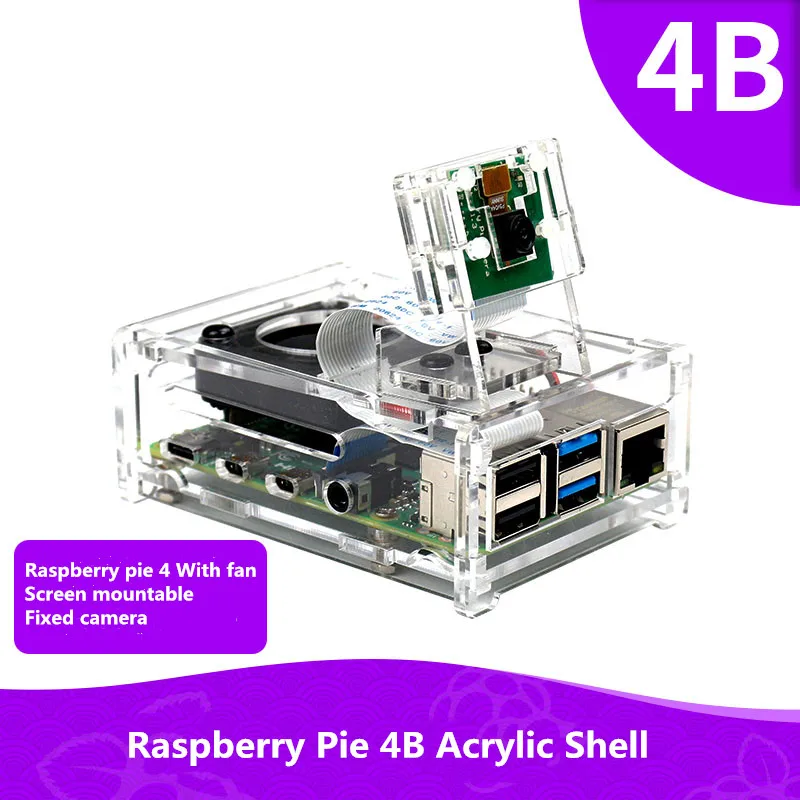 

Raspberry pie 4 generation 4B acrylic transparent shell With cooling fan Can be installed with 3.5 inch screen Fixed camera