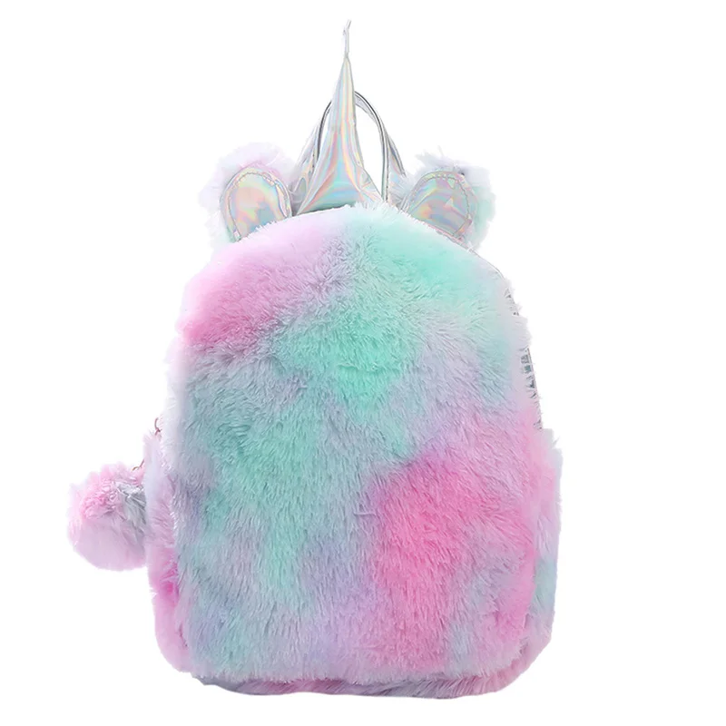 Милый пушистый рюкзак с единорогом, разноцветный плюш сумка для начальной школы, рюкзак для девочек, женская сумка на плечо - Цвет: PK