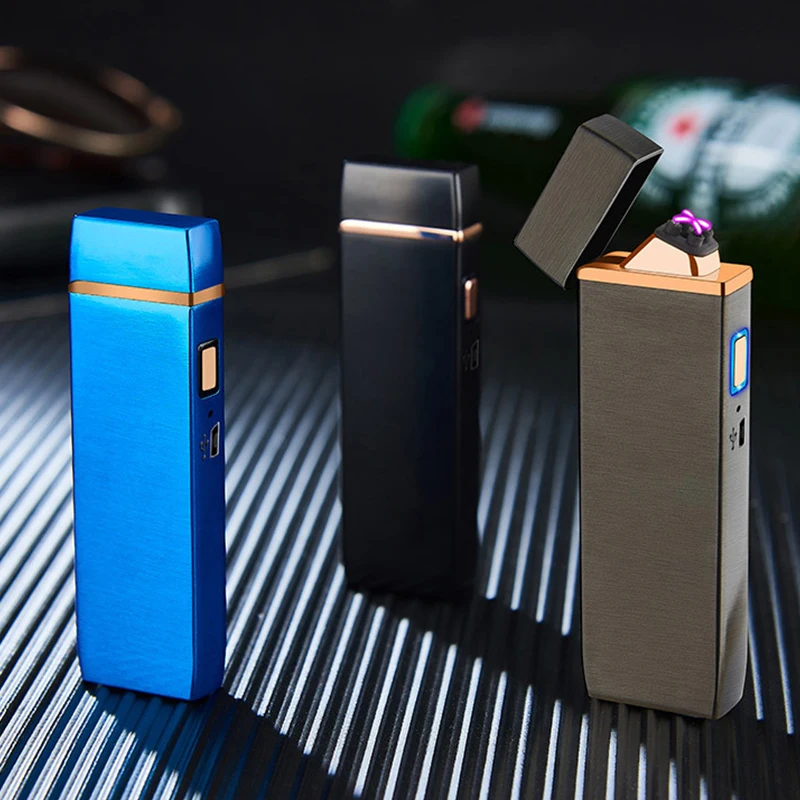 

Cool Technology Touch Induction Pulse Cross Arc Windproof Lighter Durable LED Power Dual Arc USB Lighter