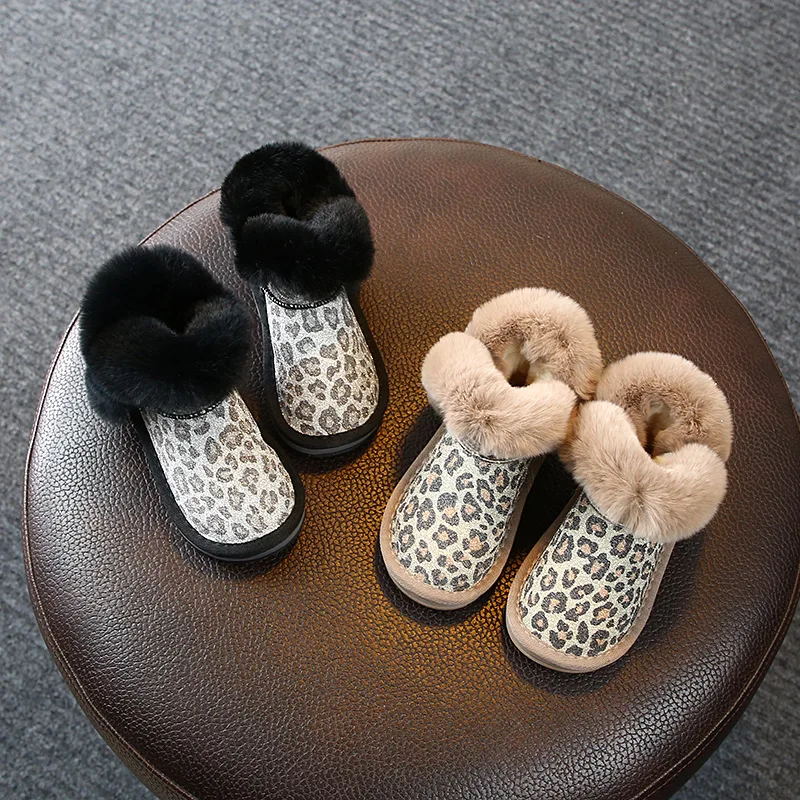 Winter Children's Leisure Snow Boots Leopard Real Wool Princess Warm Cotton Boots Children's Shoes
