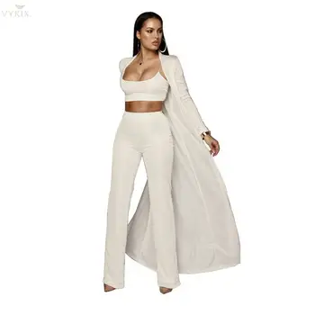 

2020 New Korean Style Women Set Casual Tank+full Sleeve Cardigan Loose Lace Up Wide Leg Pants Solid Color Three Piece Set Suit