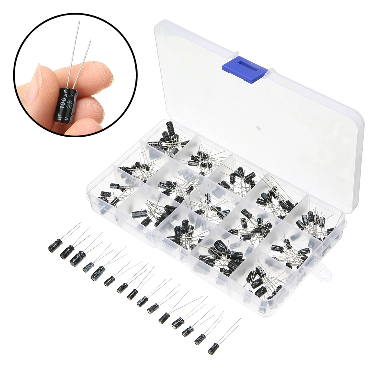 

200pcs High Quality Miniature Aluminium Electrolytic Capacitor Assortment Box DIY Kit 15 Value 10~50V 0.1-220uF