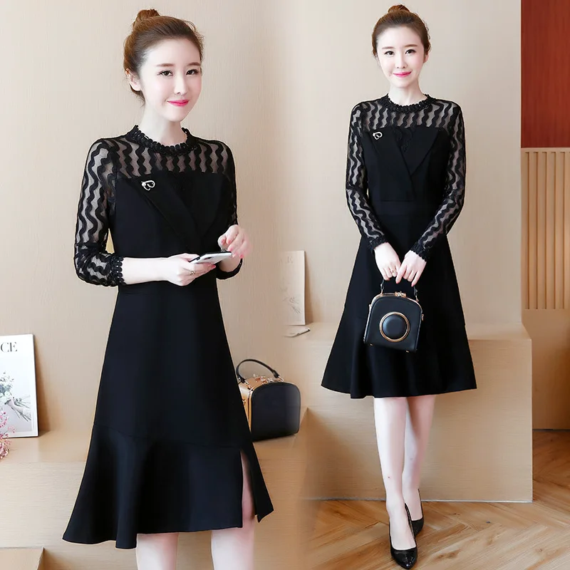 

2018 New Style Autumn Clothing Korean-style Long Sleeve Slim Fit Slimming Mid-length Slit Fashion Dress Women's