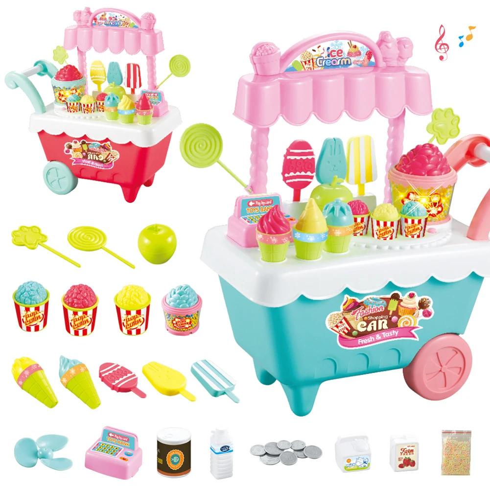 30pcs Ice Cream Shop Fun DIY Mini Educational Light Detachable Music Candy Cart Pretend Play Toys Rotating Coins Home