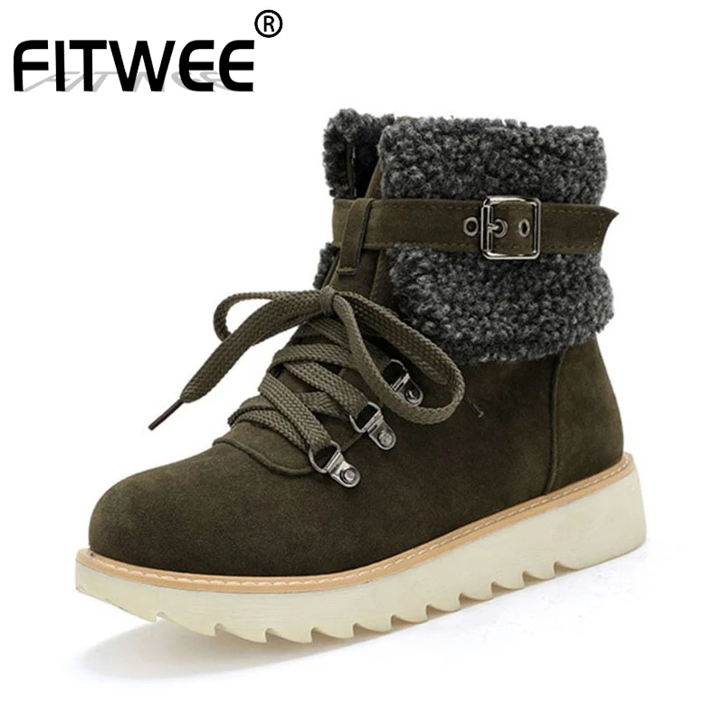 

FITWEE Winter Plush Fur Warm Snow Boots Women Ankle Boots Lace Up Buckle Round Toe Flats Shoes Women Footwear Size 34-43