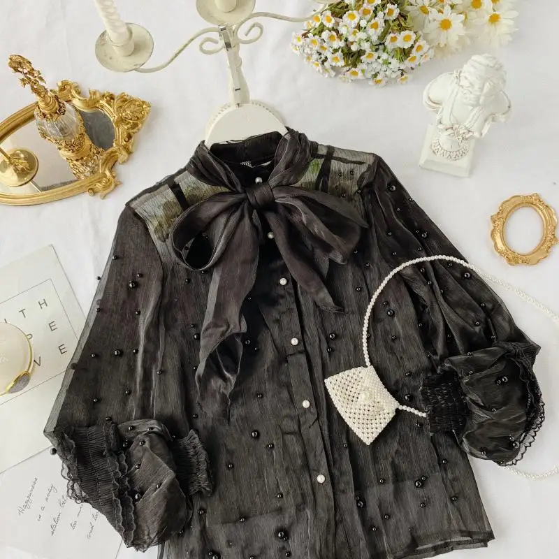 black blouse Женская прозрачная сетчатая рабочая одежда с бисером, блузка с бантом, белая рубашка, Женский Топ, корейская модная одежда, Женская туника - Цвет: black blouse