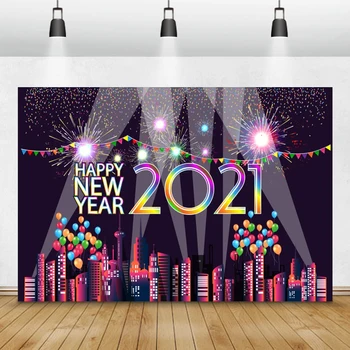 

Laeacco New Year Photocall Comic City Buildings Fireworks Balloons Pennant 2021 Photography Backgrounds Birthday Backdrops Props
