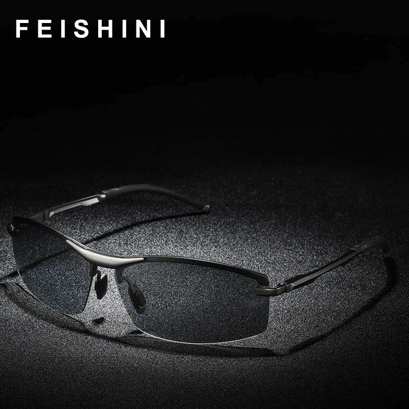 

Feishini Aluminum Polarized Sunglasses Men UV400 Driving Glasses Photochromic Yellow Day Night Vision Driver Eyeglasses Rimless