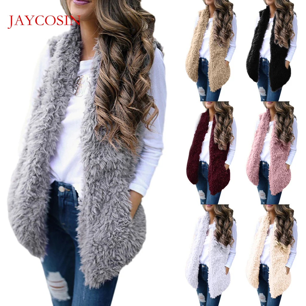 JAYCOSIN-Chaqueta de moda sin mangas para mujer, cárdigan Sexy de piel de imitación, abrigo sólido, chaleco informal cálido para invierno # I19