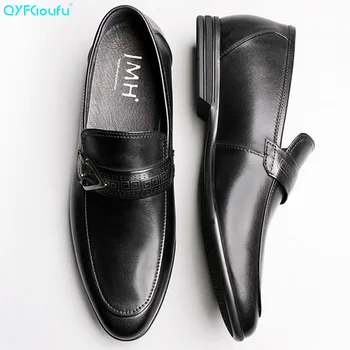 

QYFCIOUFU Handmade Genuine Leather Slip-on Shoes Men Fashion Pointed Toe Dress Shoes Breathable High Quality Men Formal Shoes
