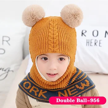 

Multicolor Winter 2 In 1 Knit Beanie Hat Scarf Warm Ski Cap With Ear Design Pom Windproof Mask For Kids
