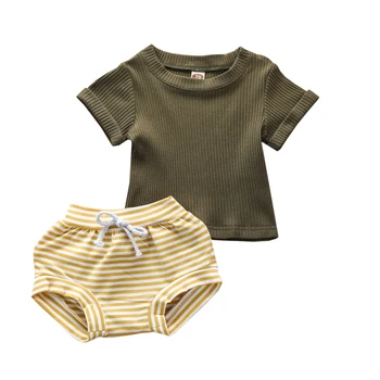 

New Summer Baby Clothes Outfits Infant Clothes Set Solid Shirt +Stripe Shorts Bodysuit Suit Ribbed Toddler Kids Clothes 2pcs