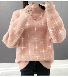 Pulôver feminino para outono e inverno, suéter feminino de manga comprida, blusão solto de malha de veludo, plus size