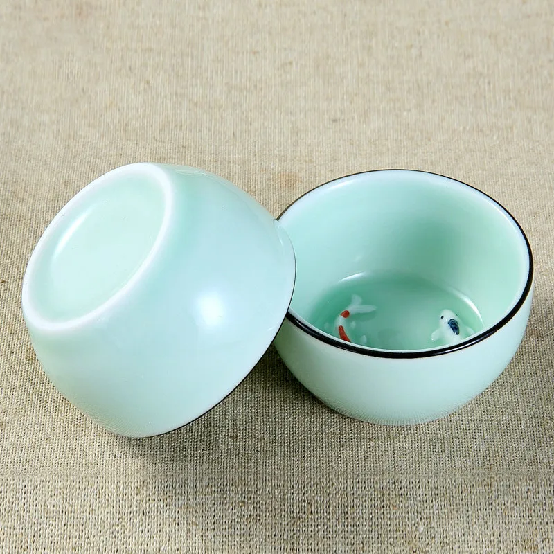 80 мл Celadon Китай чайная чашка ручная роспись тисненые рыбы чашки Цзиндэчжэнь каолин керамика Пуэр чайная чашка оптом