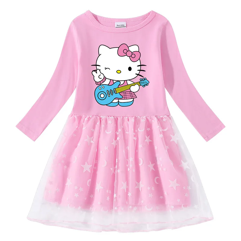 thumbnail image 1 of Hello Kitty lindo estampado de dibujos animados niños algodón moda plisada princesa vestido estrella Luna hilo neto manga larga casual niñas falda, 1 of 5