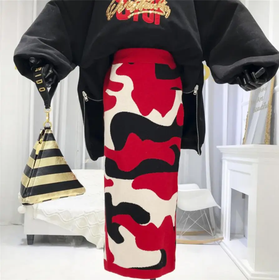Осенняя и зимняя новая камуфляжная трикотажная юбка с высокой талией, женские Модные Узкие прямые юбки длиной до щиколотки