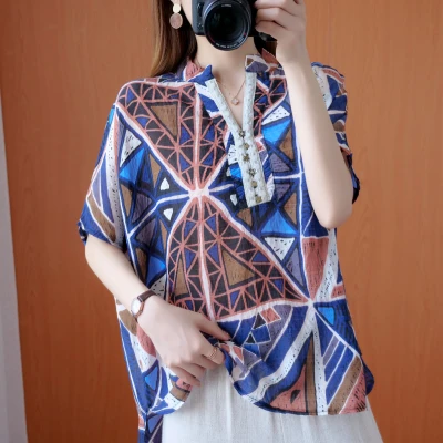 

Art Leisure Ethnic Style Print Women Casual V-neck Button Women Blouses Oversize Summer Shirt Thin Loose Tops Female Clothes